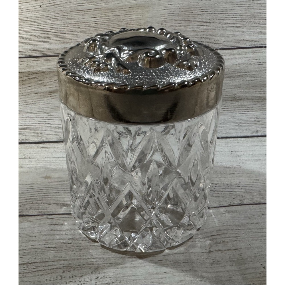 Vintage Heavy Cut Glass Crystal Vanity Dresser Jar with Ornate Silver Lid